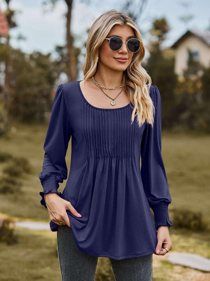 Puff Sleeve Pleated Blouse - VILLA FASHION